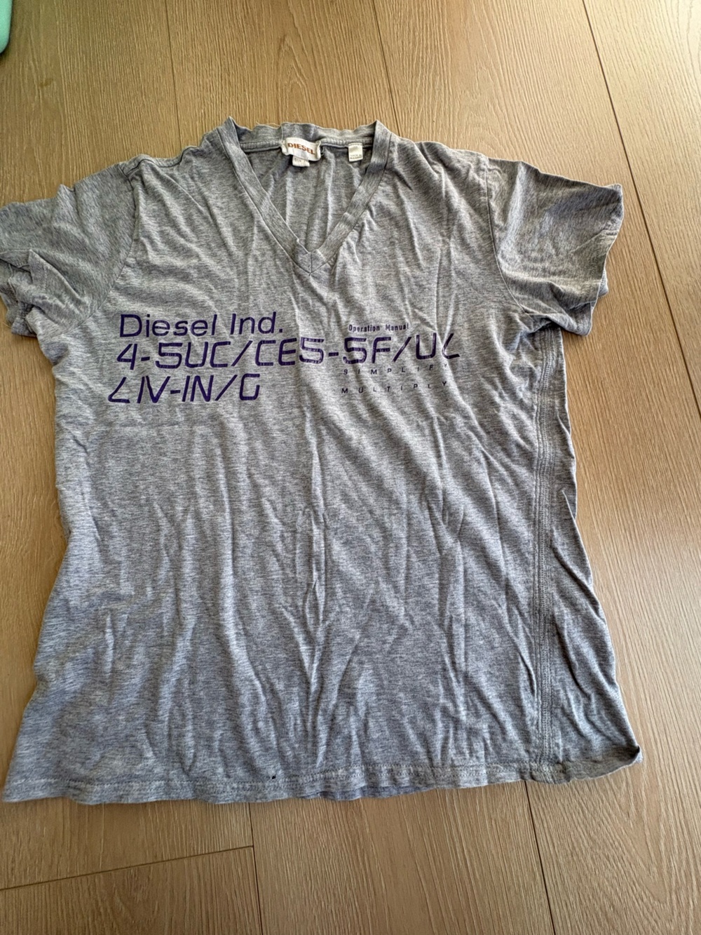 Diesel Gray V-Neck Tee with Purple Graphic